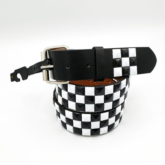 Black White Studded Leather Belt Unisex 3-Rows Metal Pyramid Size Extra Large - Picture 2 of 2